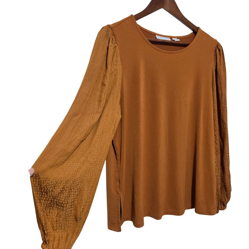 Susan Graver Liquid Knit Blouse Women's Size L Brown Spreckled Sleeves Romantic - Picture 3 of 8